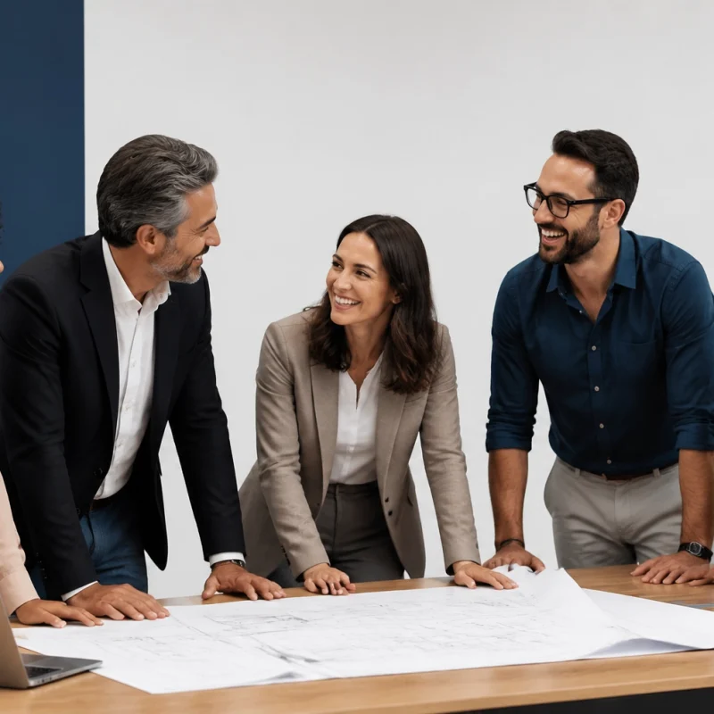 Five professionals in business attire lean over a table with blueprints and papers, smiling during a team discussion.
