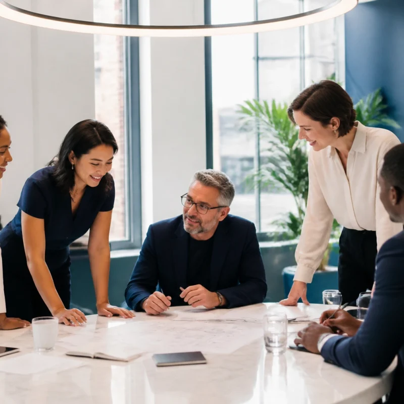A diverse team of professionals gathered around a marble conference table, discussing documents and planning a project in a bright office.