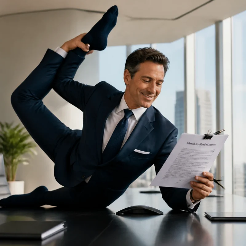 Businessman in a navy suit stretches his leg on a conference table while reviewing a document.