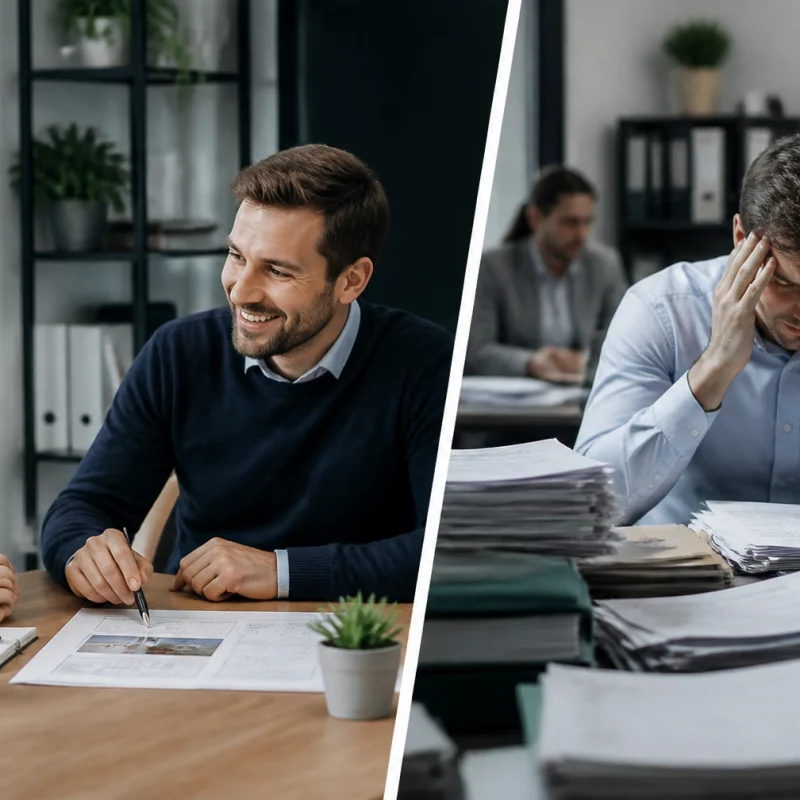 Two coworkers smile and discuss a document at a desk, plant nearby on the left side of the split image.