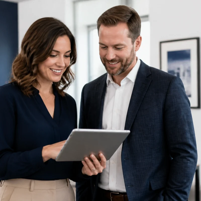 Two business professionals review a tablet in a modern office with Summit Strategies sign in the background.
