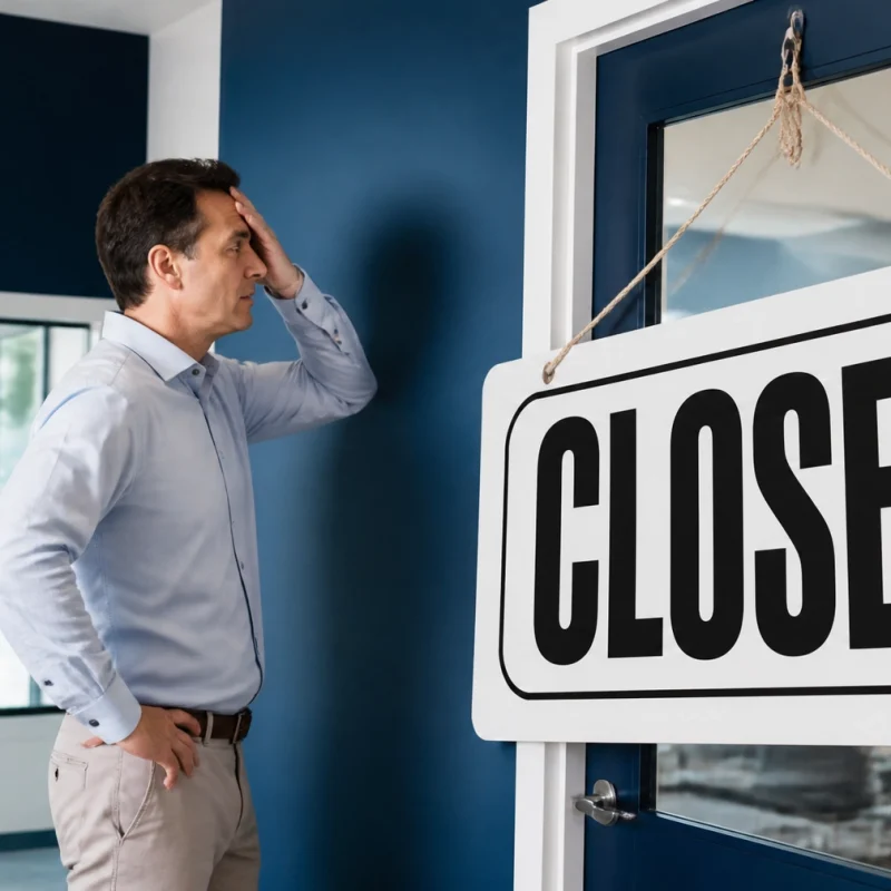 Man in a light blue shirt stands in a doorway, hand on forehead, looking at a large 'CLOSED' sign hanging on the door.