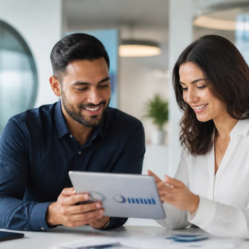 Two coworkers review a tablet with charts in a bright office setting.