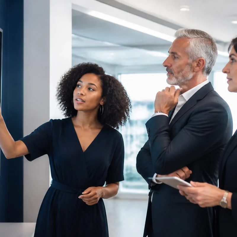 Three professionals in business attire review a large screen displaying charts in a bright office.