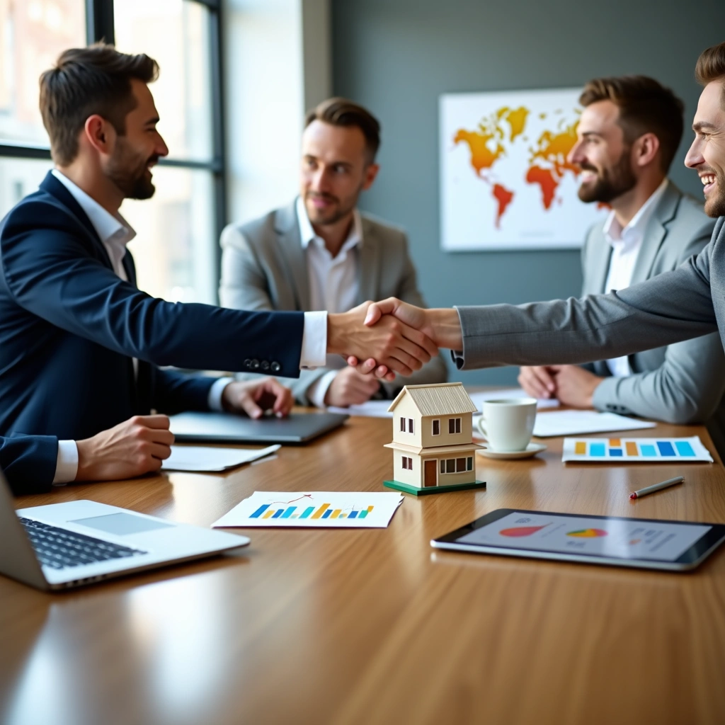 Five colleagues in a meeting shake hands across a conference table, with a small house model and charts suggesting a real estate deal or investment agreement.