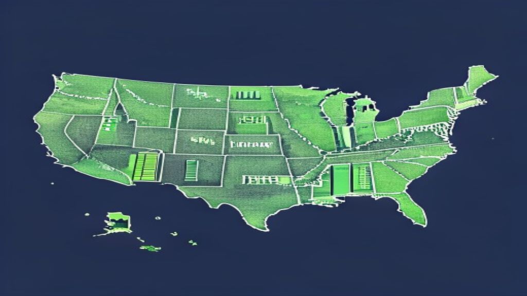 A sleek, modern map of the United States on a navy blue background, with the Southwest (Texas, Arizona) and Southeast (Florida, Georgia) regions highlighted in vibrant brand-green. Clean icons of retail stores and service vans are placed strategically in these growth zones.