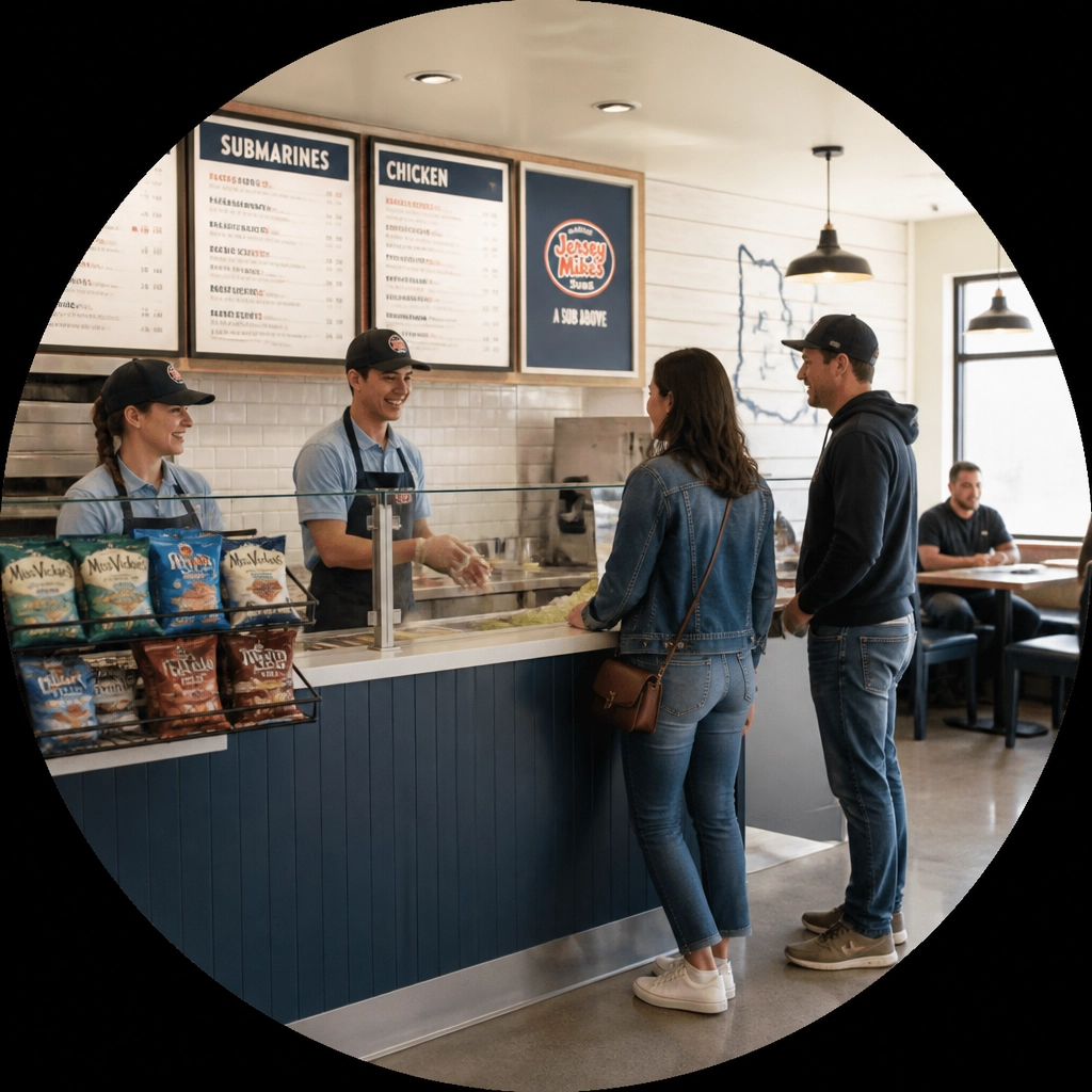 A modern, clean fast-casual restaurant interior with customers and staff in a candid pose.