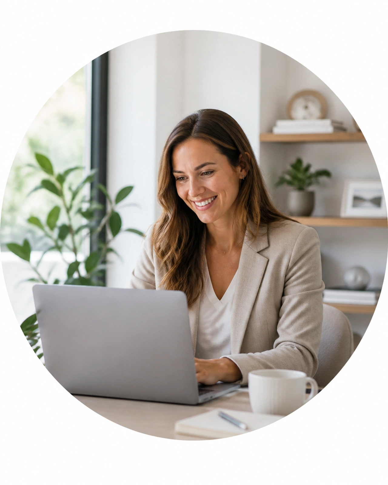 A professional business owner managing operations from a modern, sunlit home office
