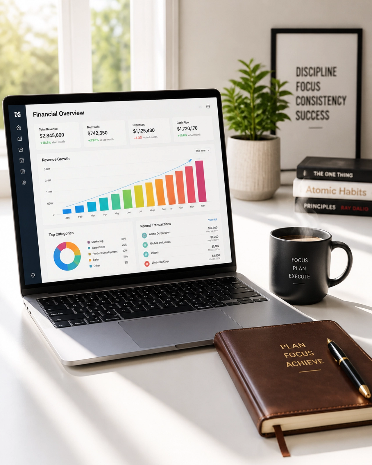A professional workspace with a laptop displaying financial growth charts
