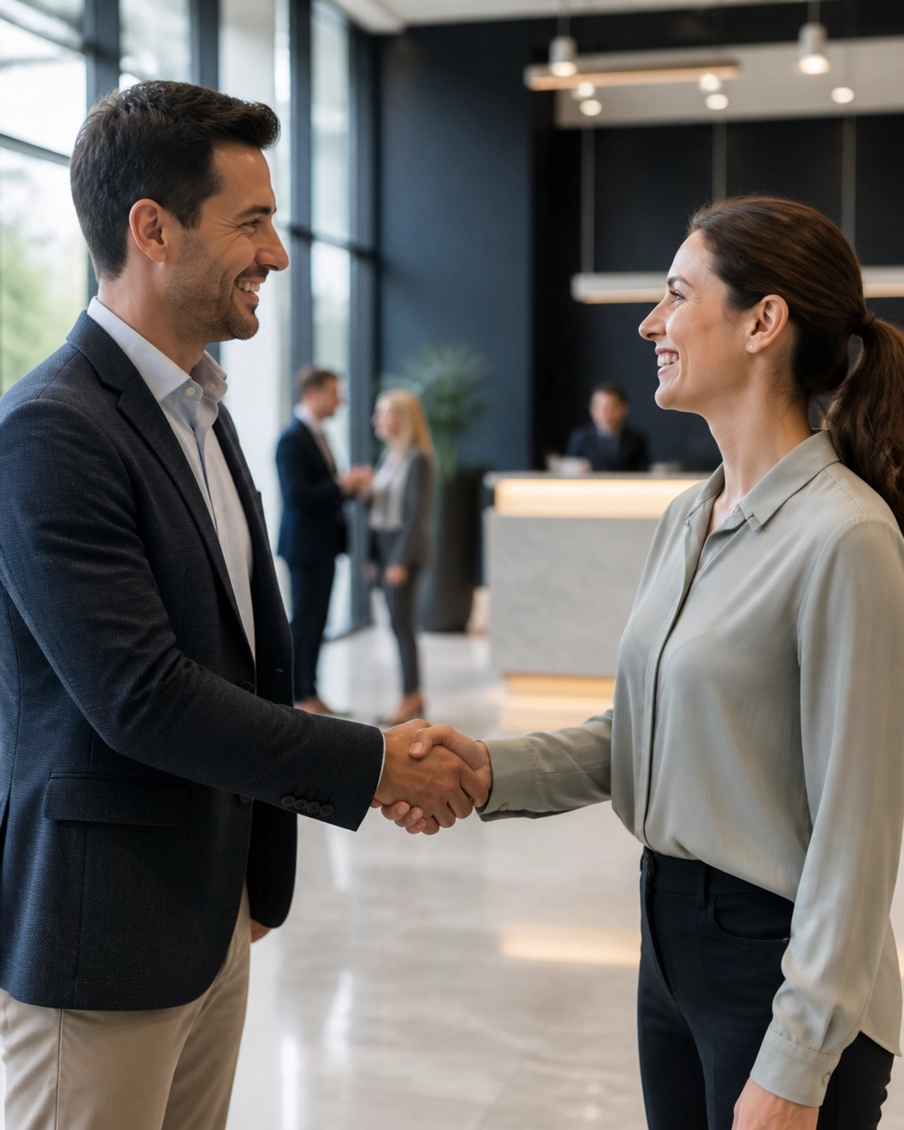 Two business partners exchanging a friendly handshake in a modern office lobby