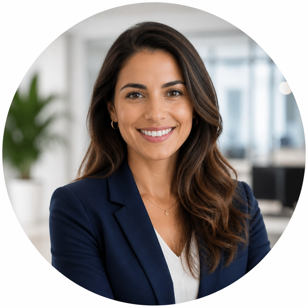 A professional profile portrait of a confident woman in a soft-lit, modern office setting. She is wearing a professional navy blue blazer and smiling warmly at the camera.