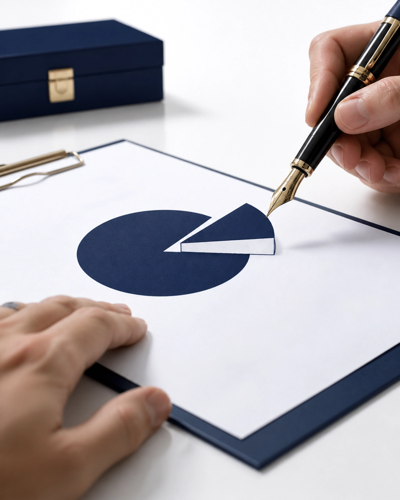 A fountain pen drawing a slice of a pie away from a contract, representing equity loss