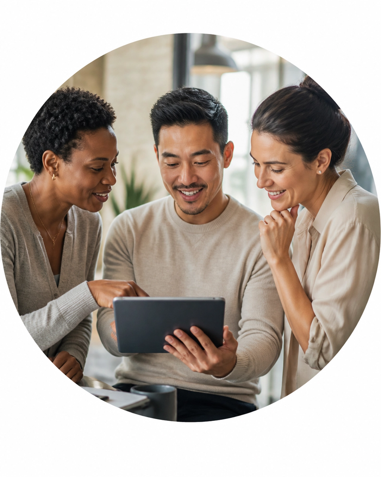 A professional team collaborating over a tablet in a bright office.