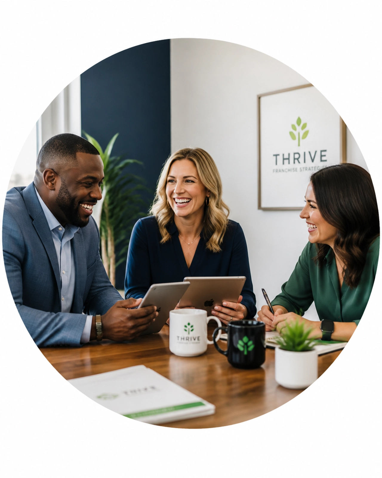 A professional team laughing and strategizing over high-quality lead data