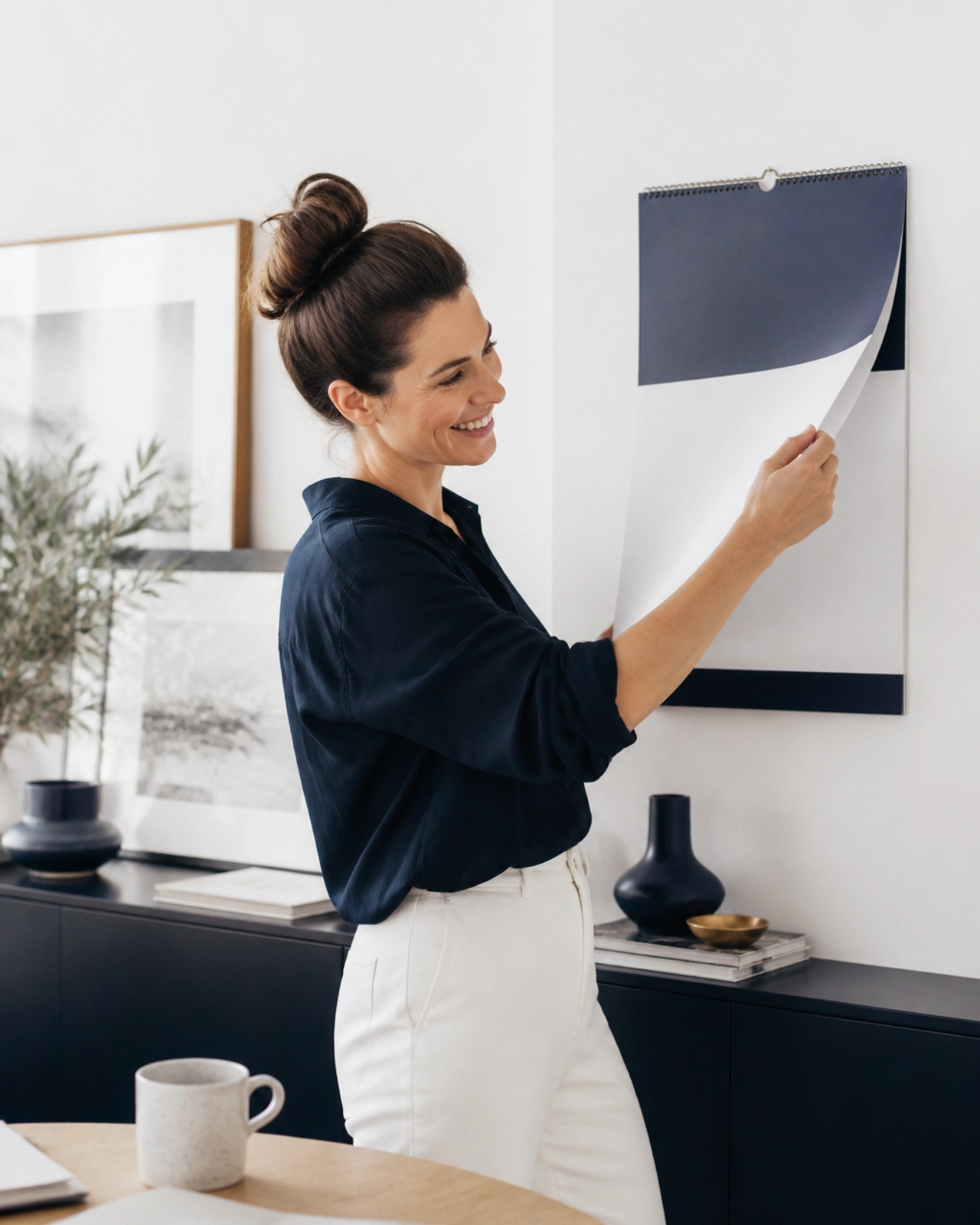 Smiling business owner peeling a page off a calendar, representing freedom
