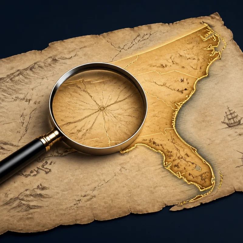 Antique map with a magnifying glass over a coastline and a sailing ship in the sea.