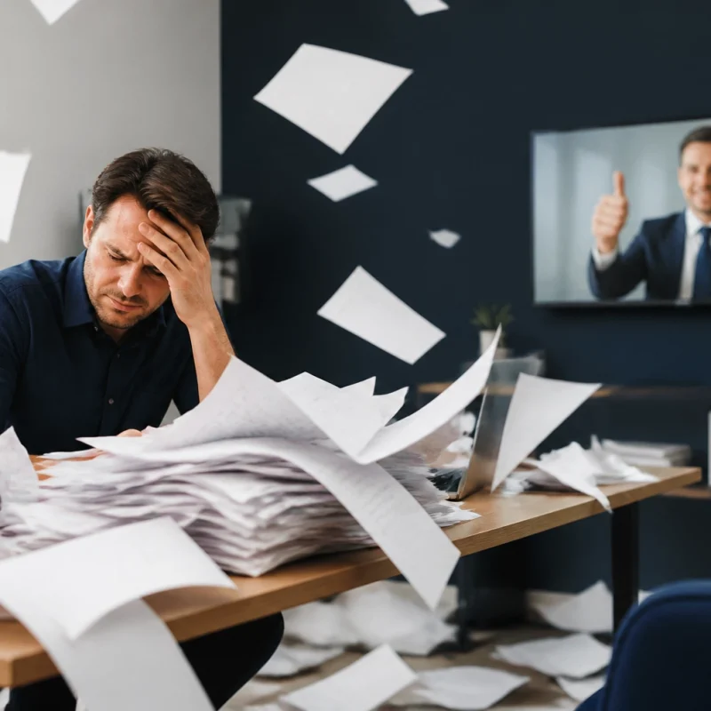 Stressed man at a cluttered desk with flying papers as a coworker on video call gives thumbs up.