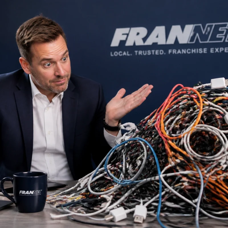 Man in a navy suit shrugs beside a huge pile of tangled cables on a desk, FRANNET logo on the wall behind him.