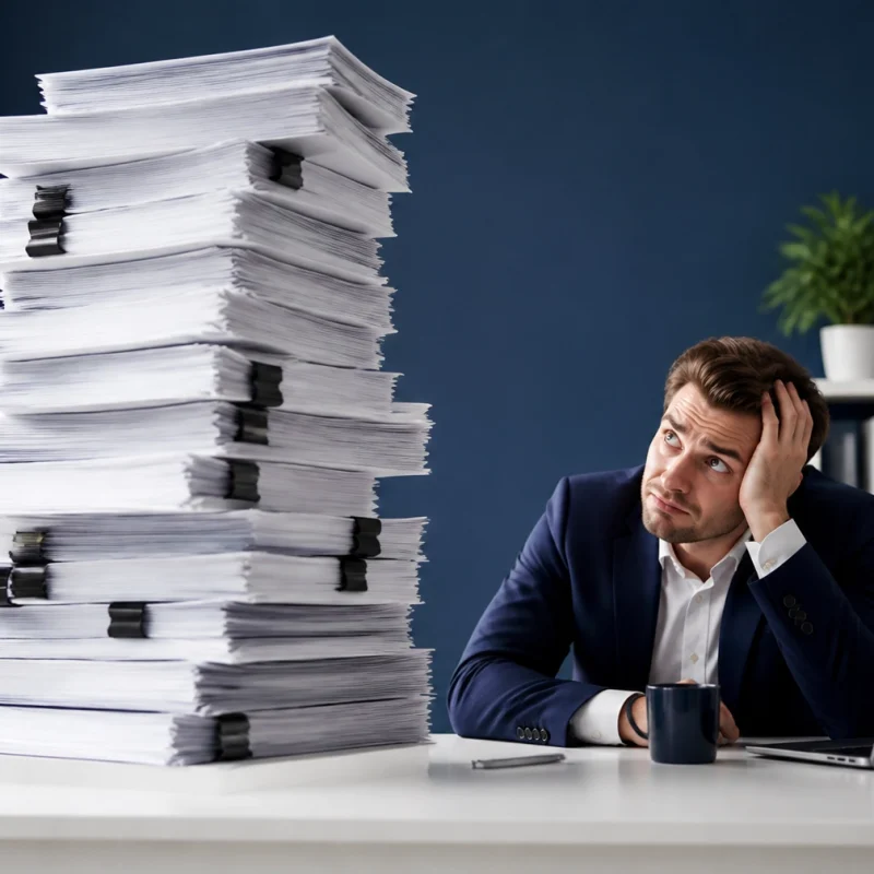 Man in a navy suit sits at a desk, looking stressed with a towering stack of papers nearby.