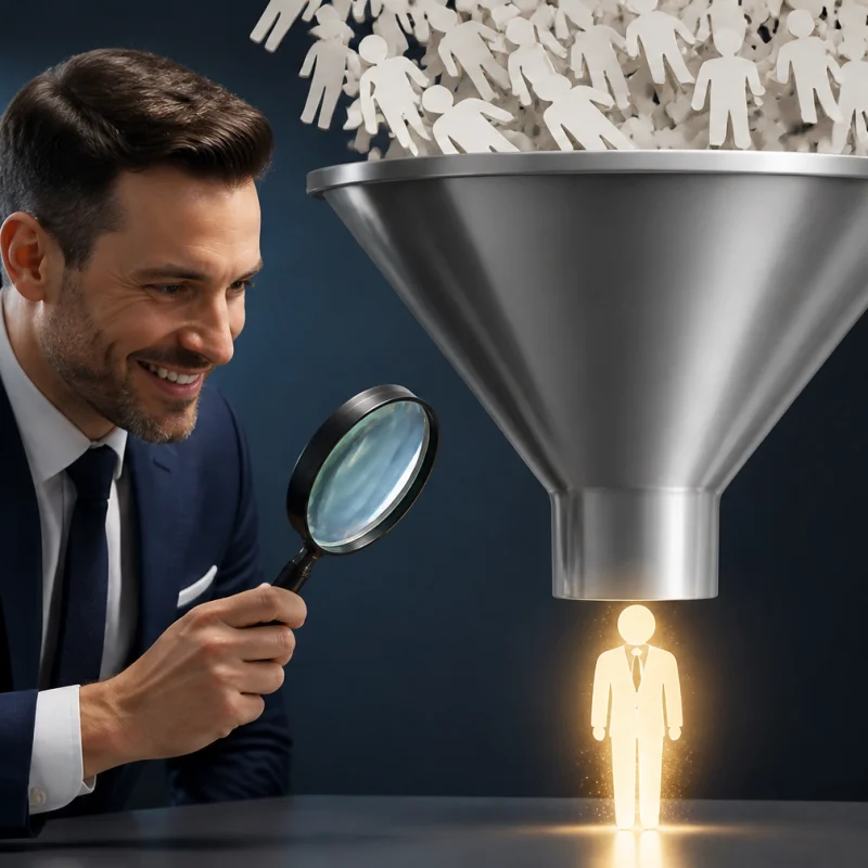 Businessman in a suit examines a glowing human figure under a large metal funnel with a magnifying glass.