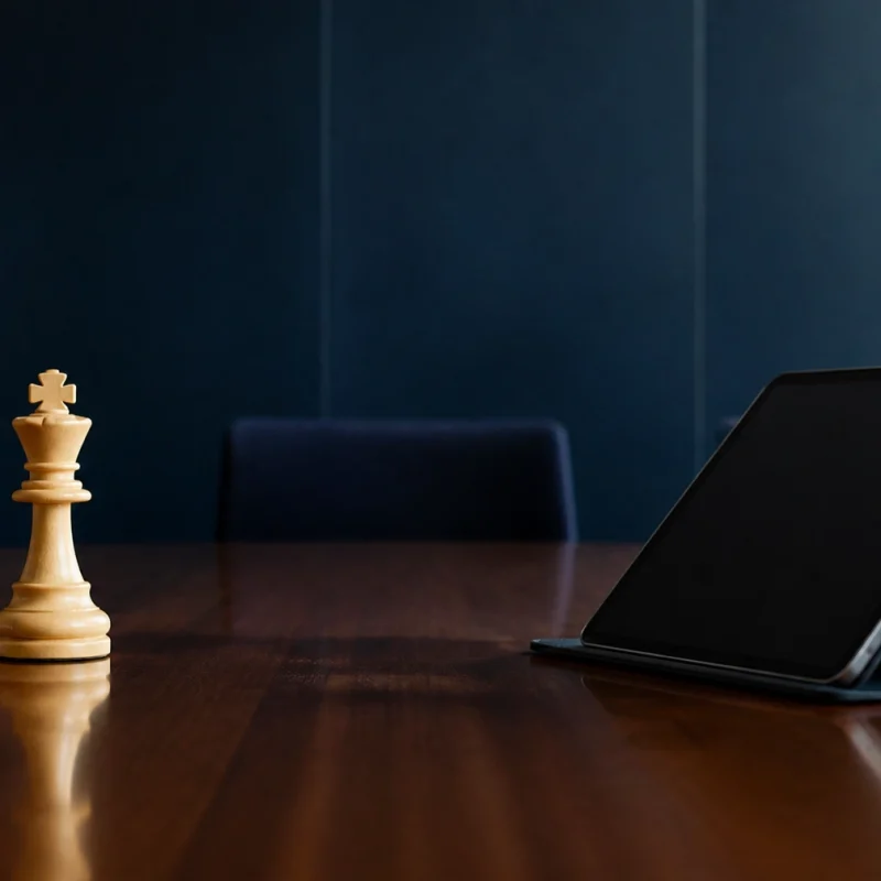 Wooden king chess piece on a polished conference table beside a tilted tablet on a stand in a dark office setting