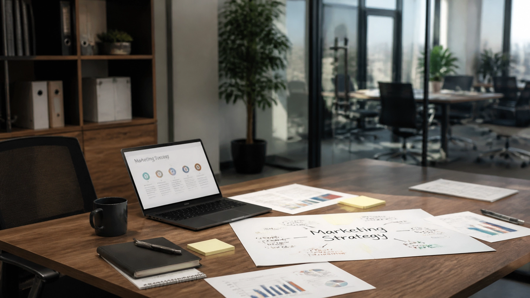 Modern office desk with strategic planning materials and architectural plans