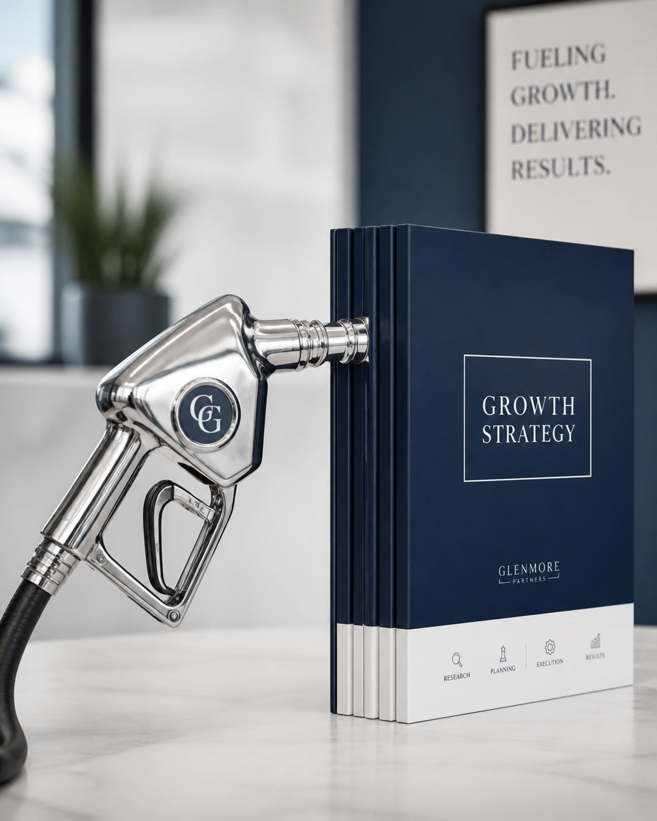 A metaphor for fueling growth with a vintage gas pump and business folders.