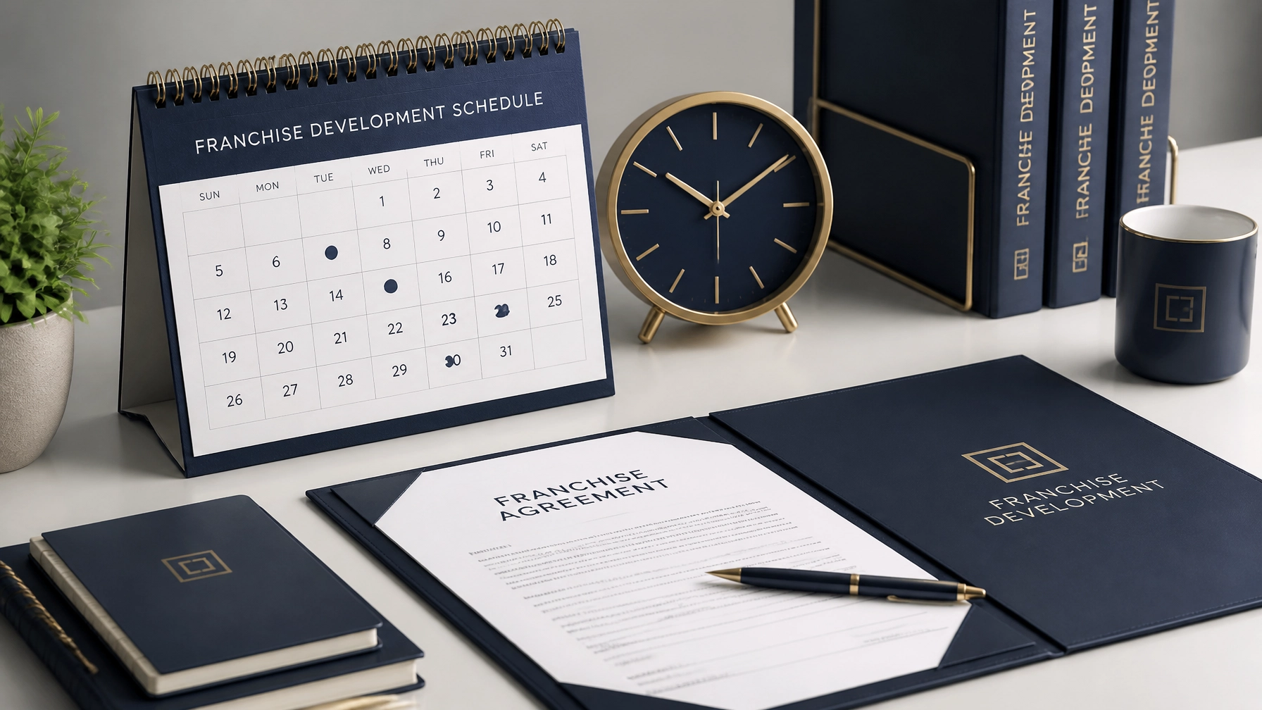 A professional object-only photo of a calendar, clock, and contract materials representing flexible franchise development timing