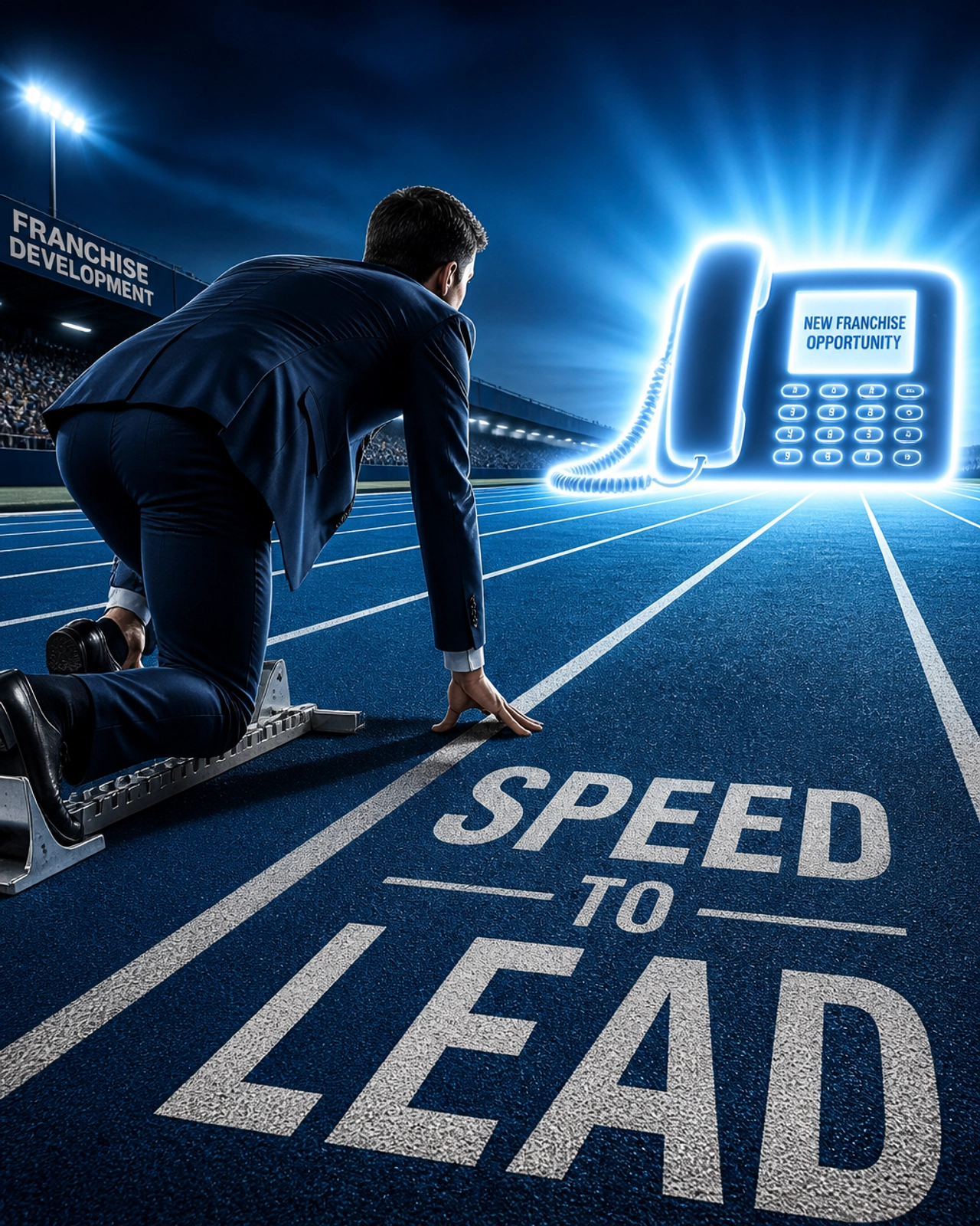 A professional runner in a suit starting a race toward a ringing telephone
