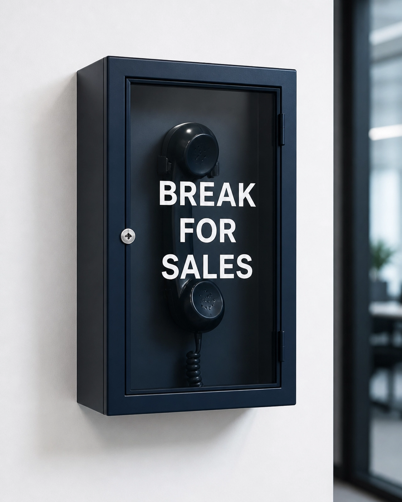 A professional emergency box that says 'Break for Sales' containing a telephone receiver.