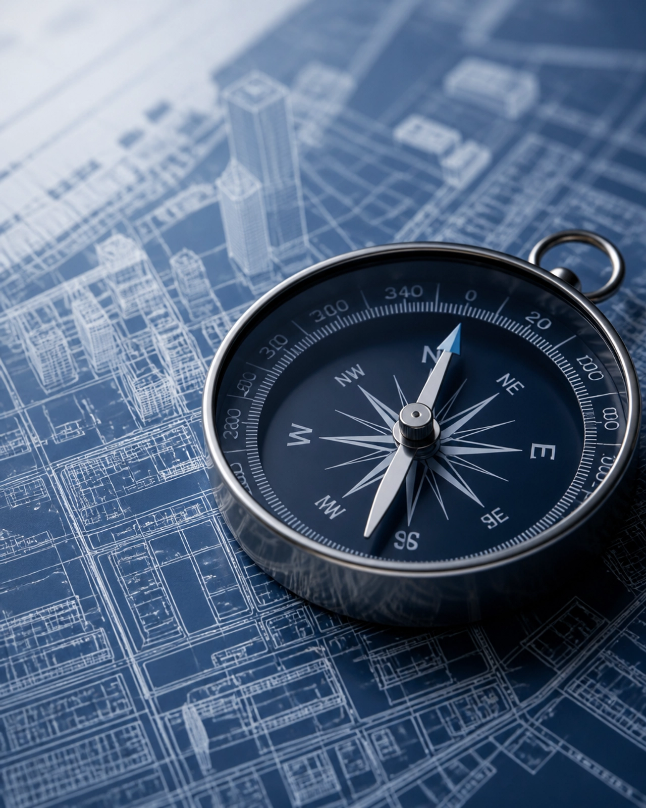A compass on a map representing strategic development direction
