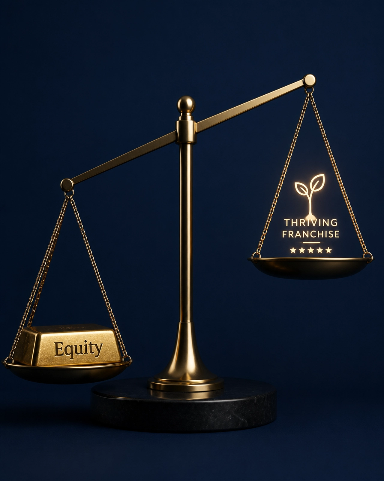 A balance scale where gold bars representing equity are tipping the scales, symbolizing the high cost of equity deals.