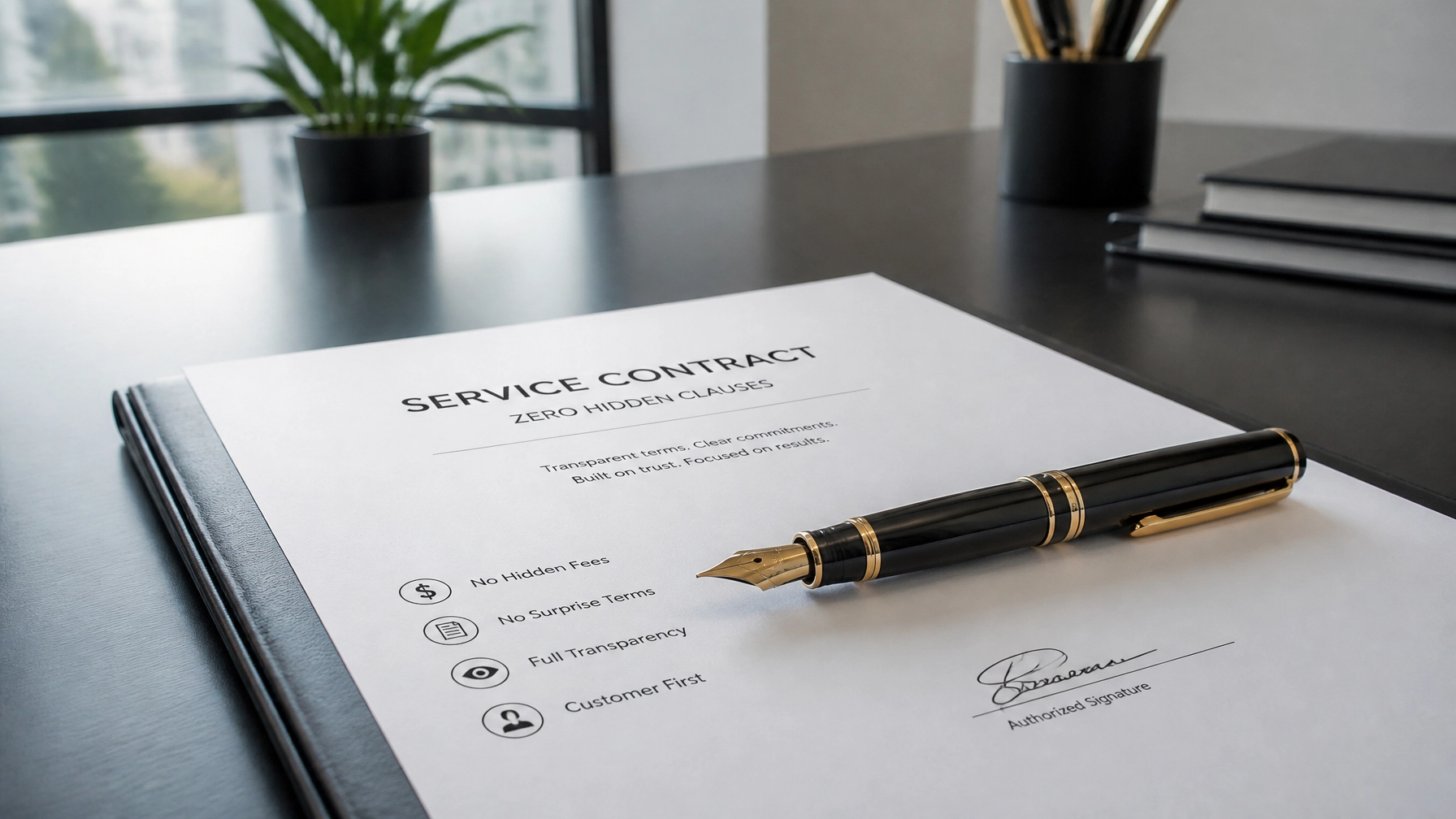 A high-end executive fountain pen resting on a clean service contract
