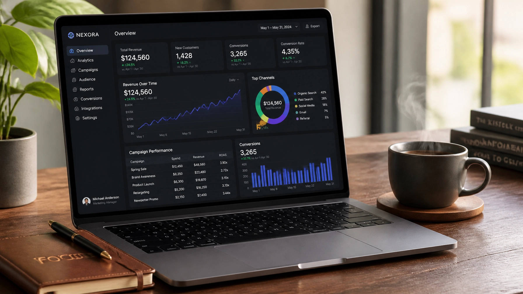 A professional dashboard on a laptop with growth charts