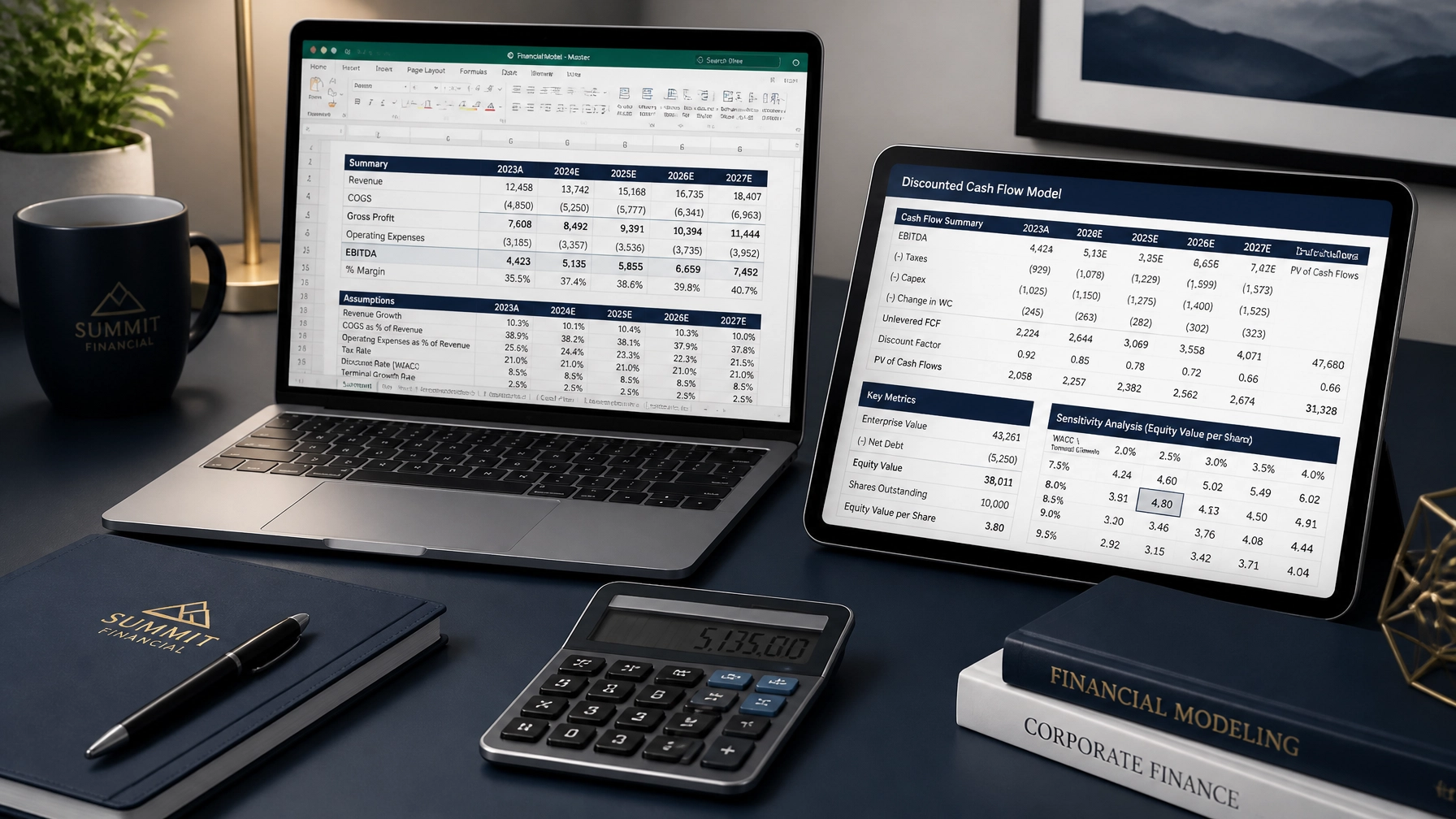 A professional desk setup with an open spreadsheet and a calculator