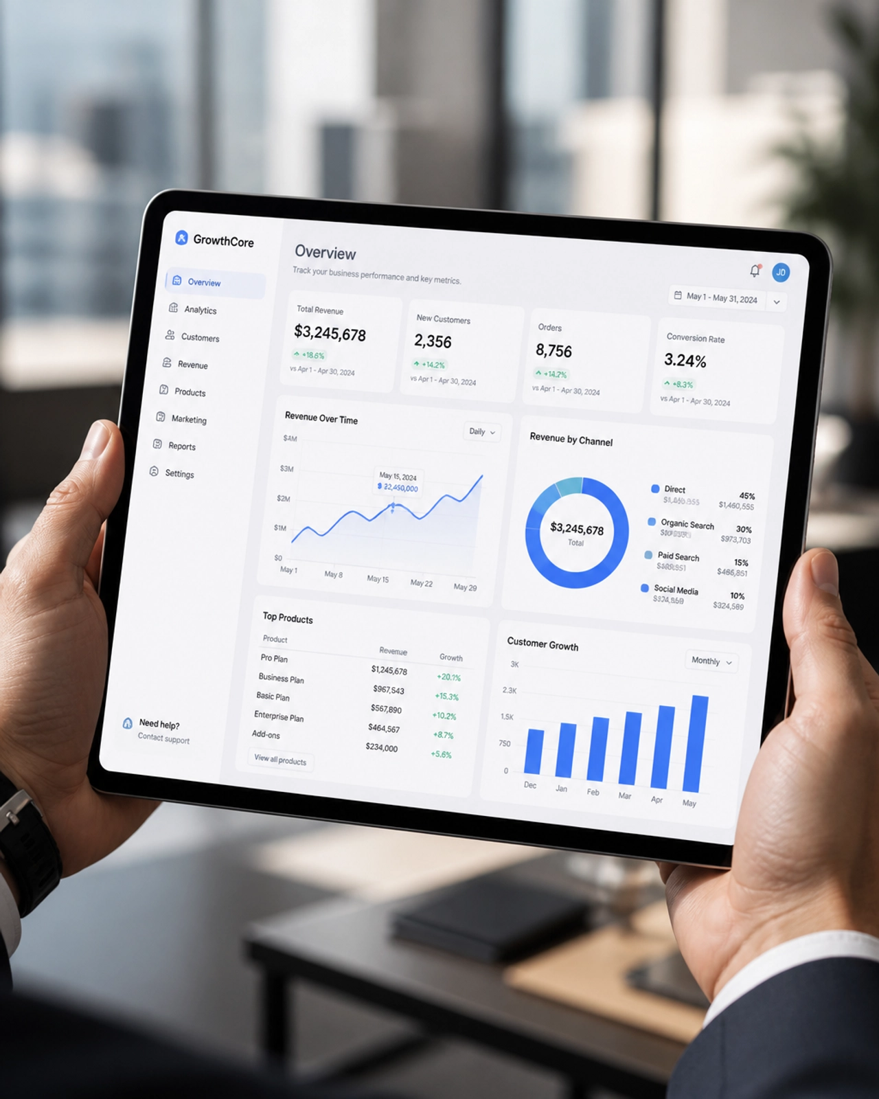 Tablet showing business growth analytics and charts