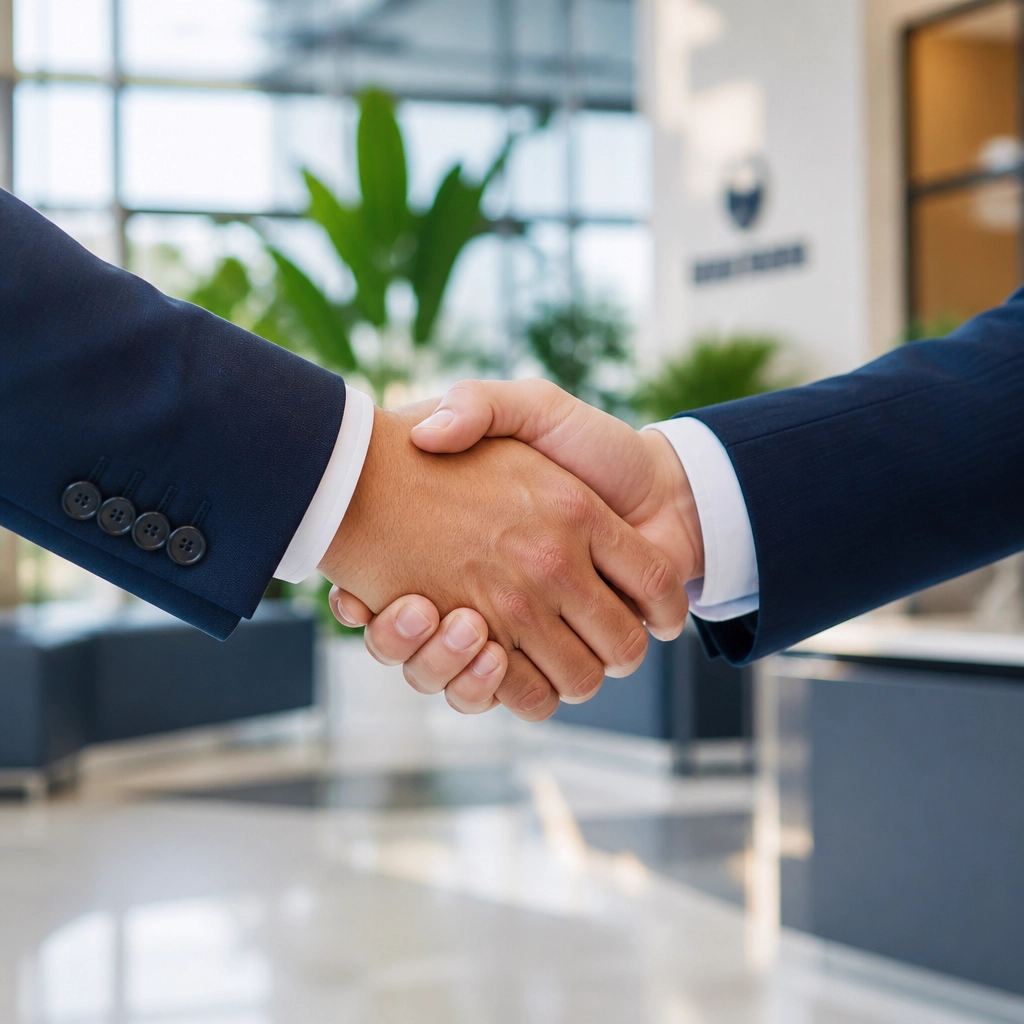 Professional handshake in a modern office lobby