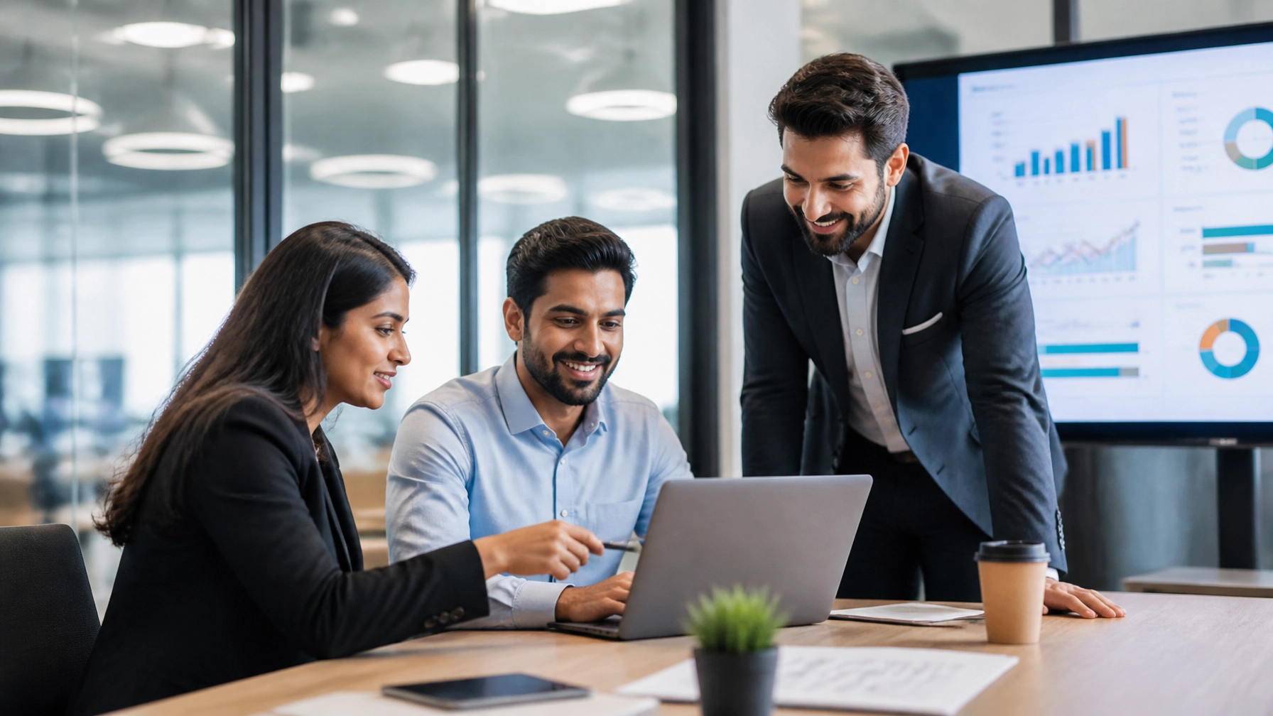 A professional marketing team reviewing growth analytics and franchise lead performance in a modern office.