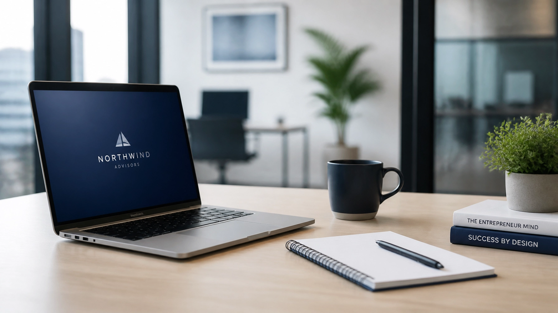 A clean, minimalist workspace with a high-end laptop, a notebook, and a coffee cup.