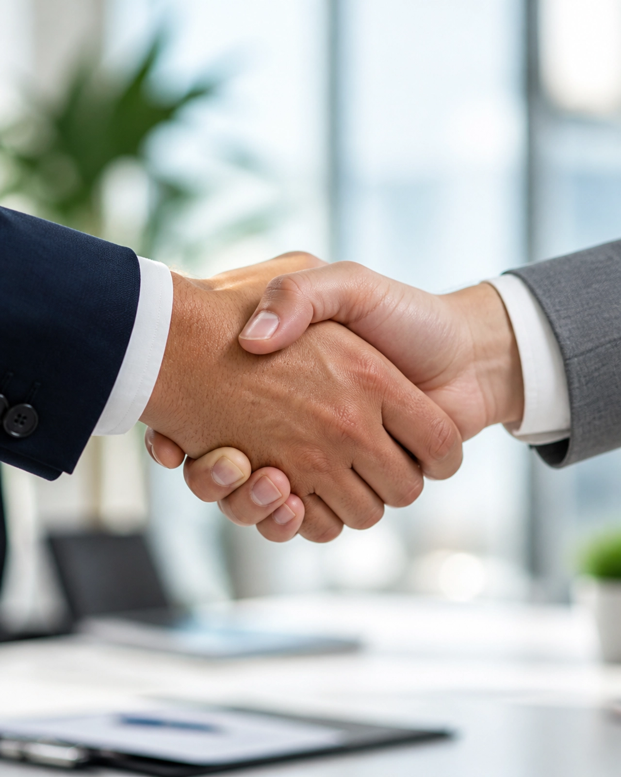 A professional handshake in a bright office setting.