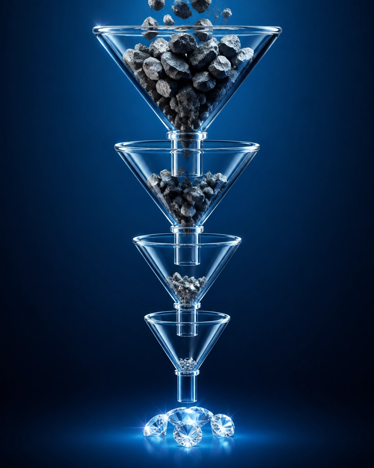 A metaphor for quality filtration showing rough stones turning into diamonds