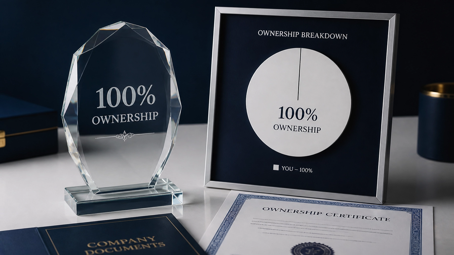 A professional object-only photo of a glass award and ownership documents representing equity-free business growth