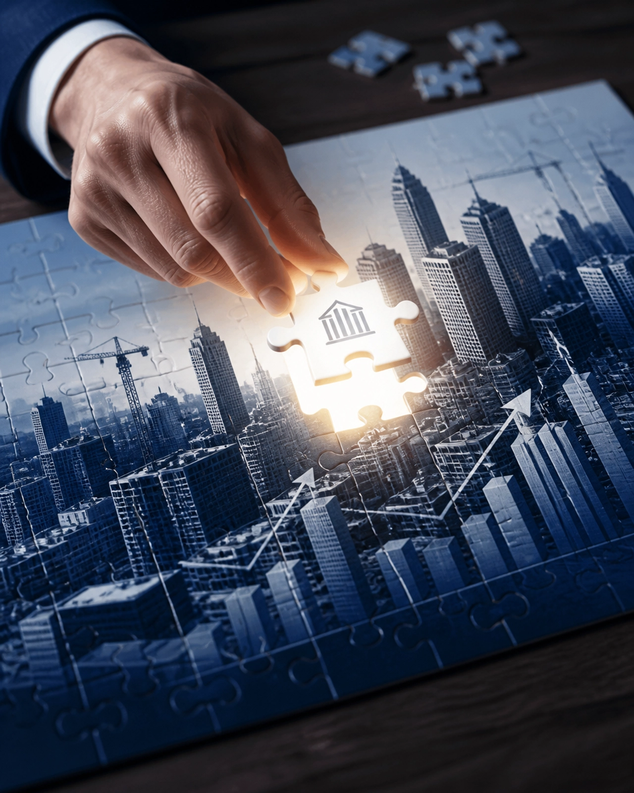 A hand placing the final glowing puzzle piece into a city map