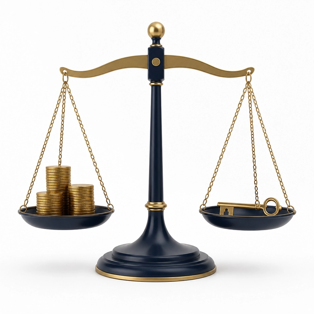 A balance scale with coins and a key symbolizing value and freedom