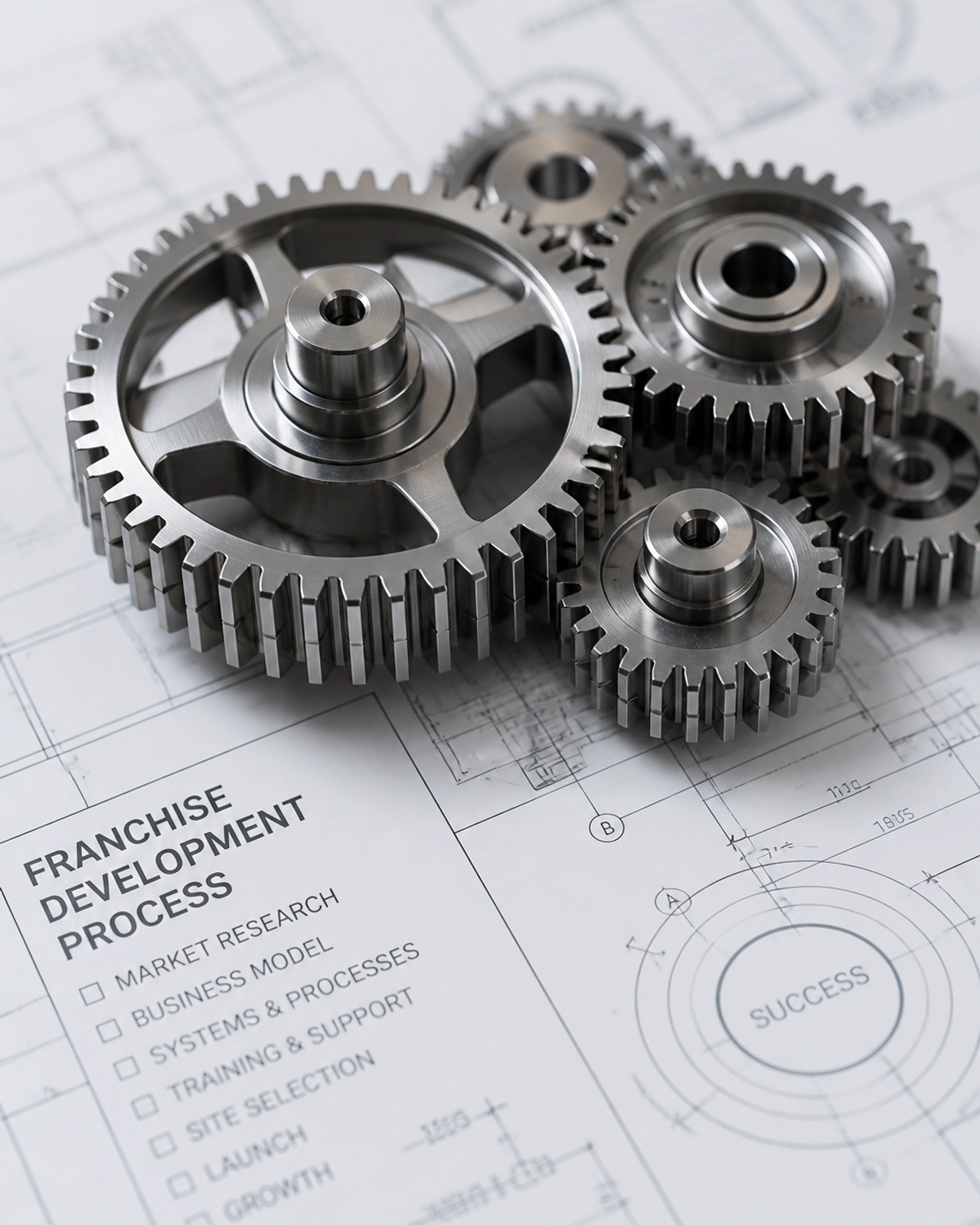 Polished steel gears representing a franchise development agency full-cycle development process