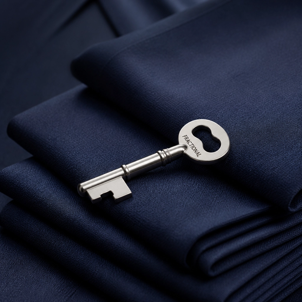 A silver key on navy fabric representing the fractional leadership approach to franchise marketing.