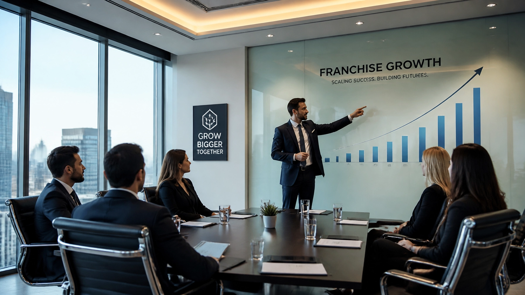 A modern corporate board room symbolizing business expansion and franchise scaling