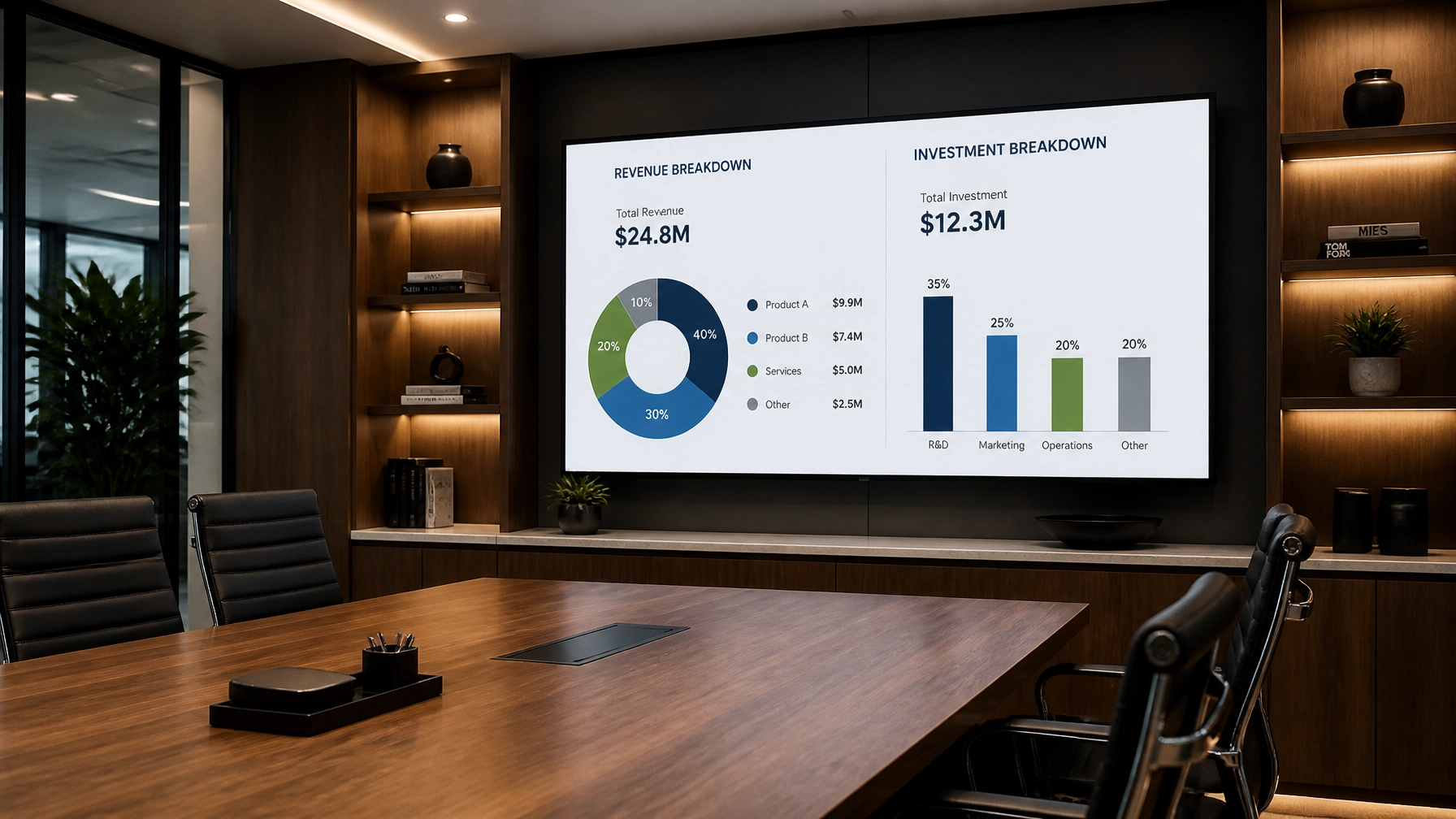 A sleek conference room with a large wall monitor displaying a clean financial chart