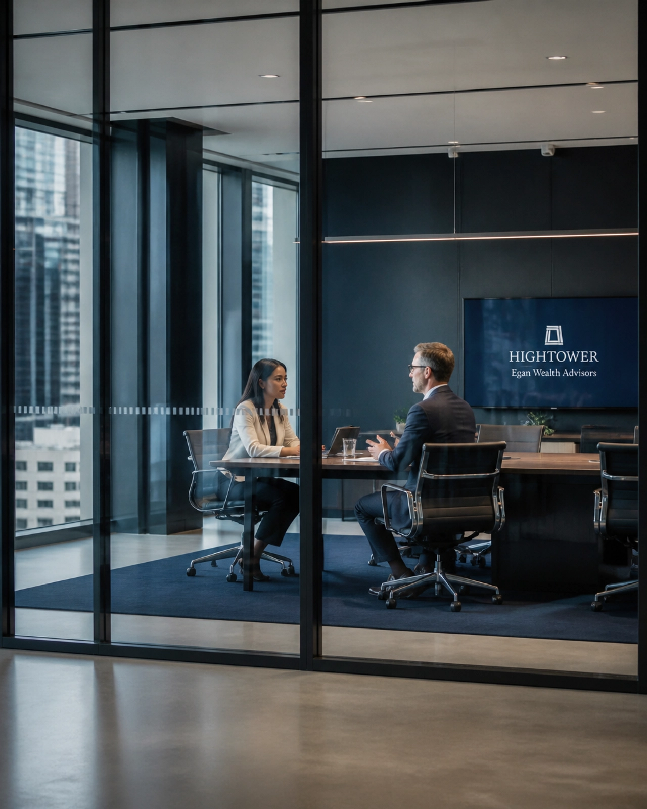 Two professionals having a serious business conversation in a modern office