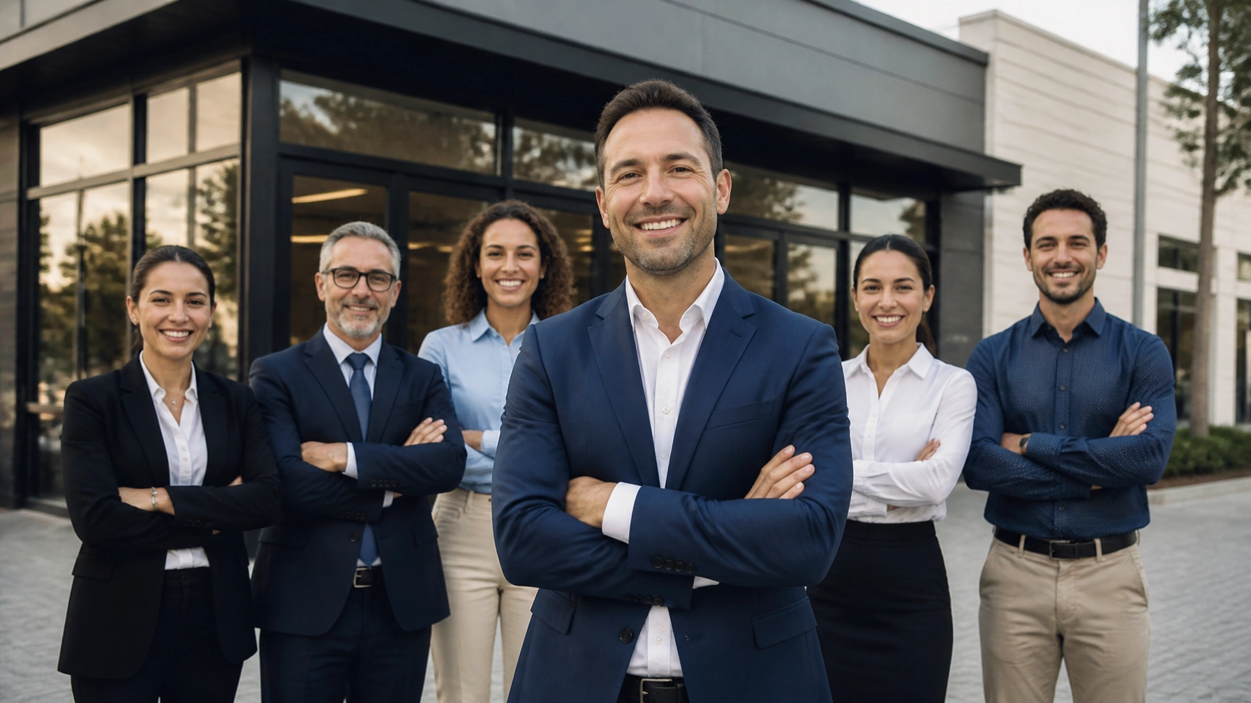 A successful business owner standing with a professional team outside a modern retail location, representing franchise growth success.